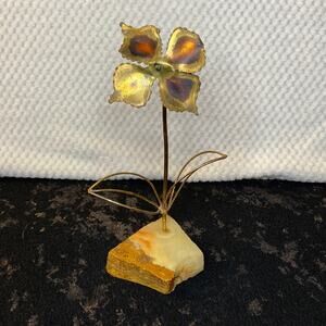 UNIQUE Metal Flower With Stone Base signed Whitish 1984 NEEDS CLEANING